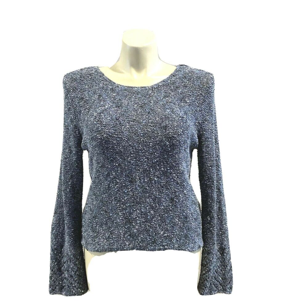 J‎ Jill Sweater LARGE P Blue White Boucle Knit Long Flare Sleeve Chevron Stretch